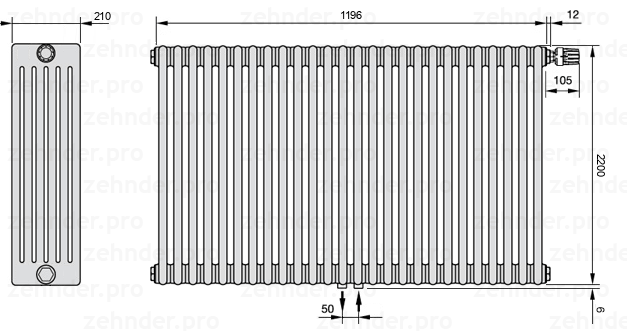 Схема (чертеж) Радиатор Zehnder Charleston 6220/26 №V008 Белый глянцевый RAL 9016